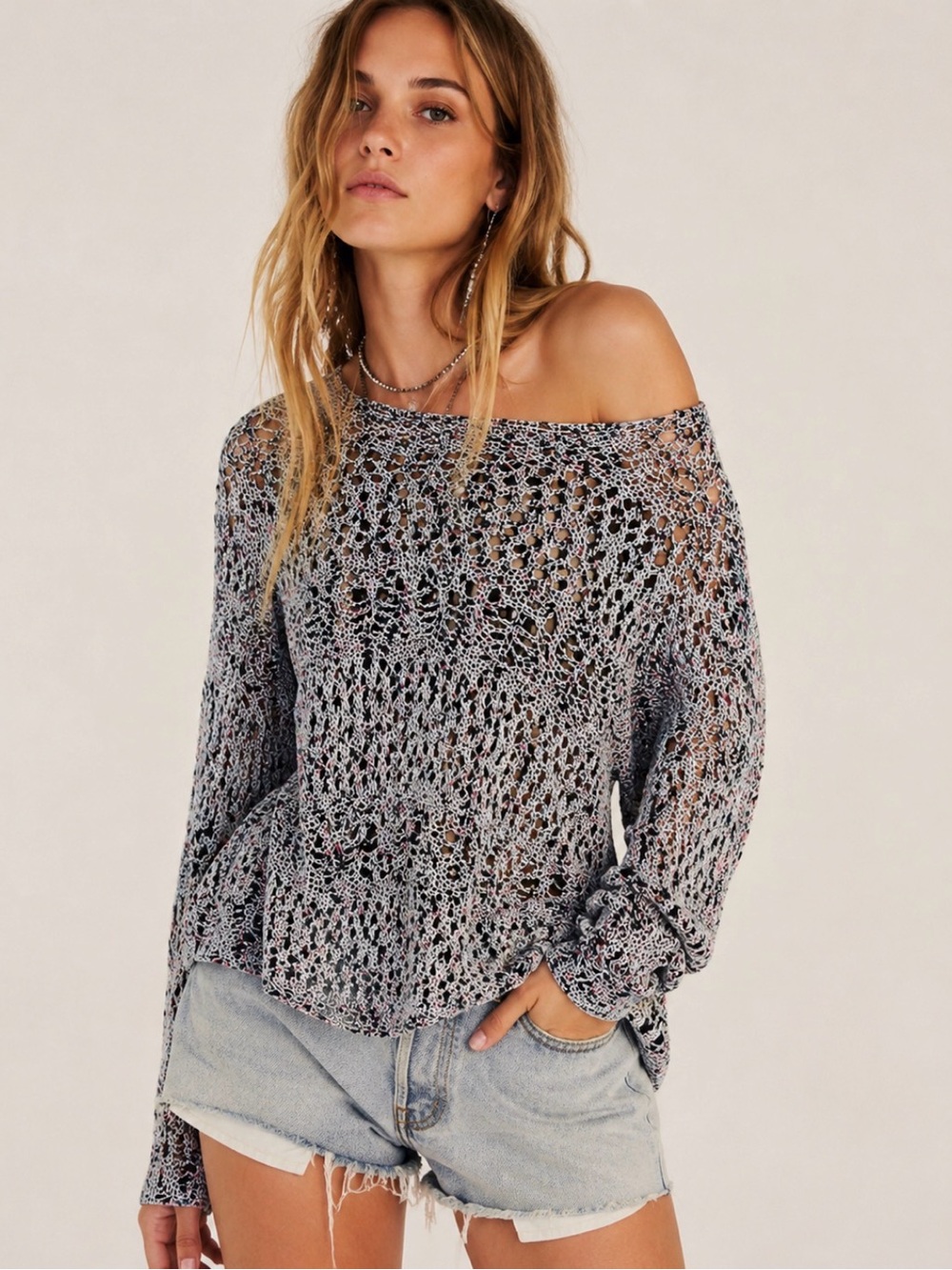 Soft Surroundings Wool Silk Blend PM Multicolor Open-Knit Pullover Sweater Boho